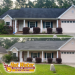 A shingled roof near Lake Jackson was cleaned and looks much better now. The before image shows a dirty roof, and the after image shows a clean roof.