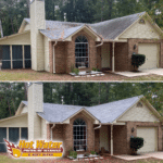 Before and after images of a roof cleaning using low-pressure techniques.